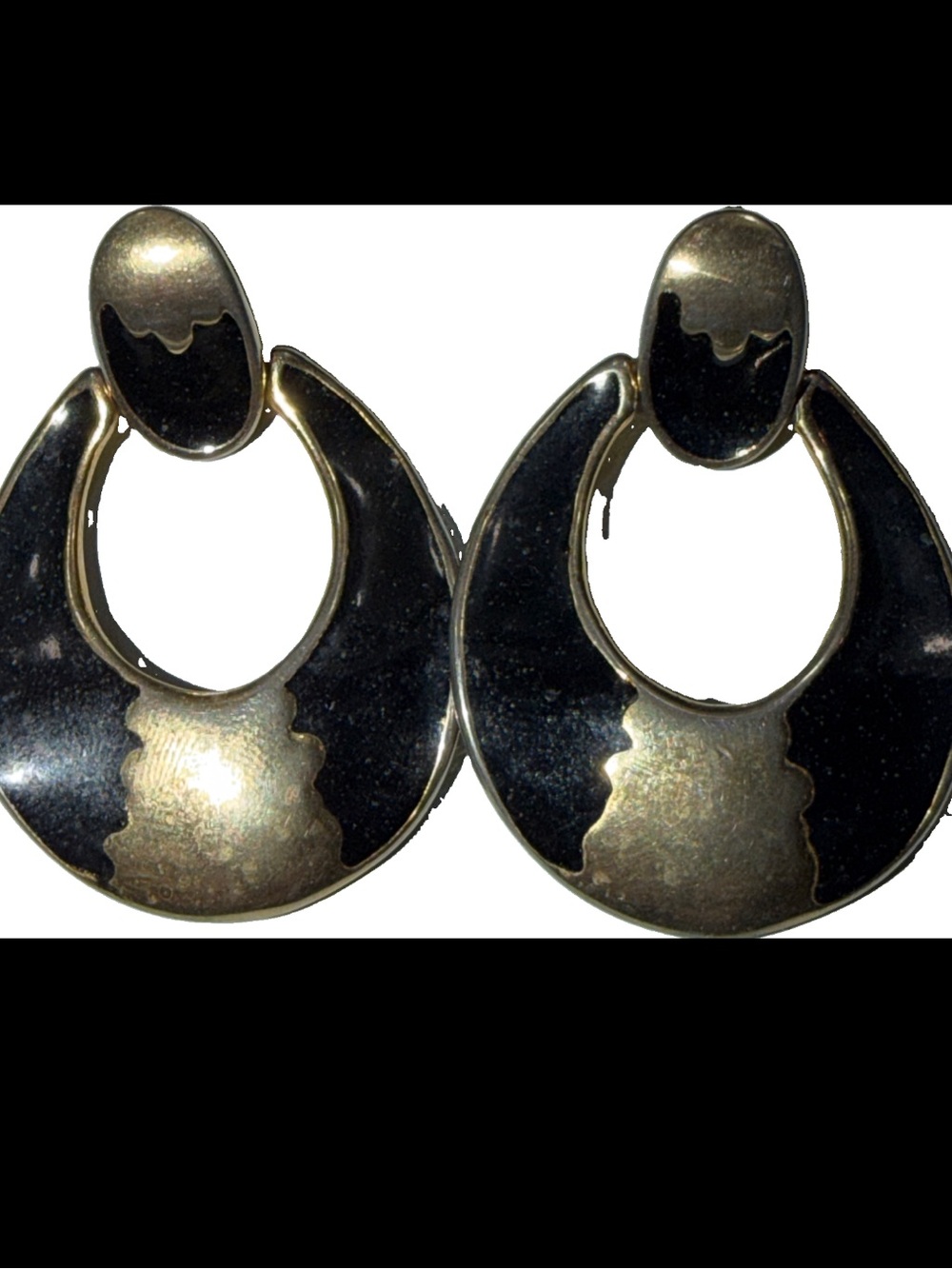 TAT Vintage GOLD BLACK Door Knocker loop Earrings Dangle Enamel Signed Pierced